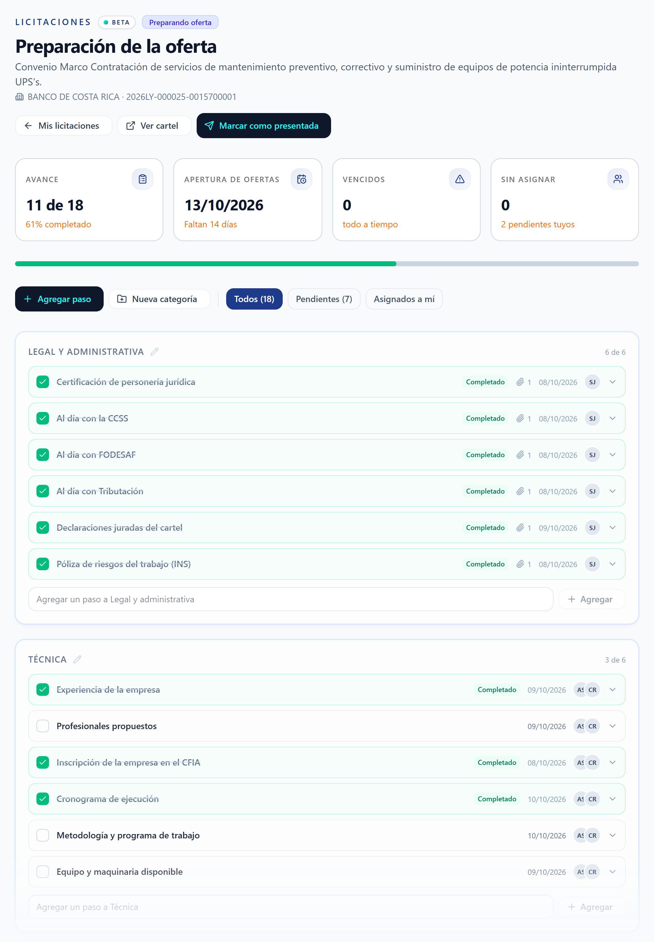 Preparación de la oferta: cada requisito con responsable, fecha y archivos.