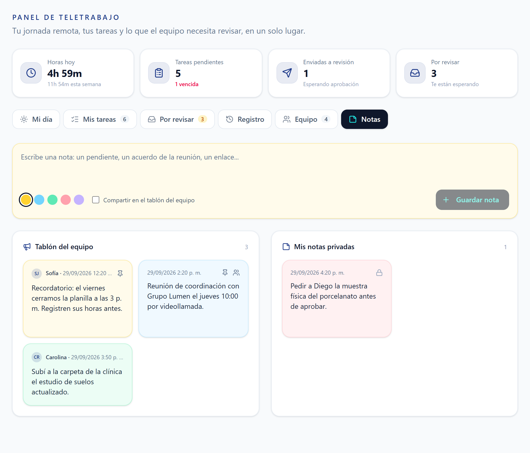 Notas: el tablón del equipo y tus notas privadas.